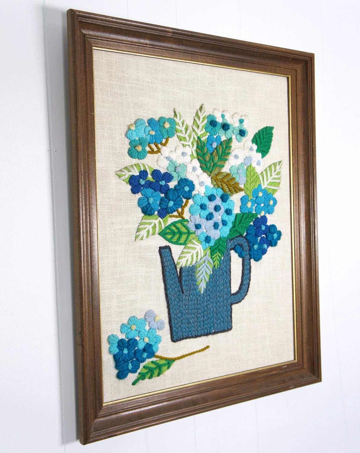 Vintage Framed Crewel Embroidery Art - Blue & Green Floral Arrangement in Watering Can