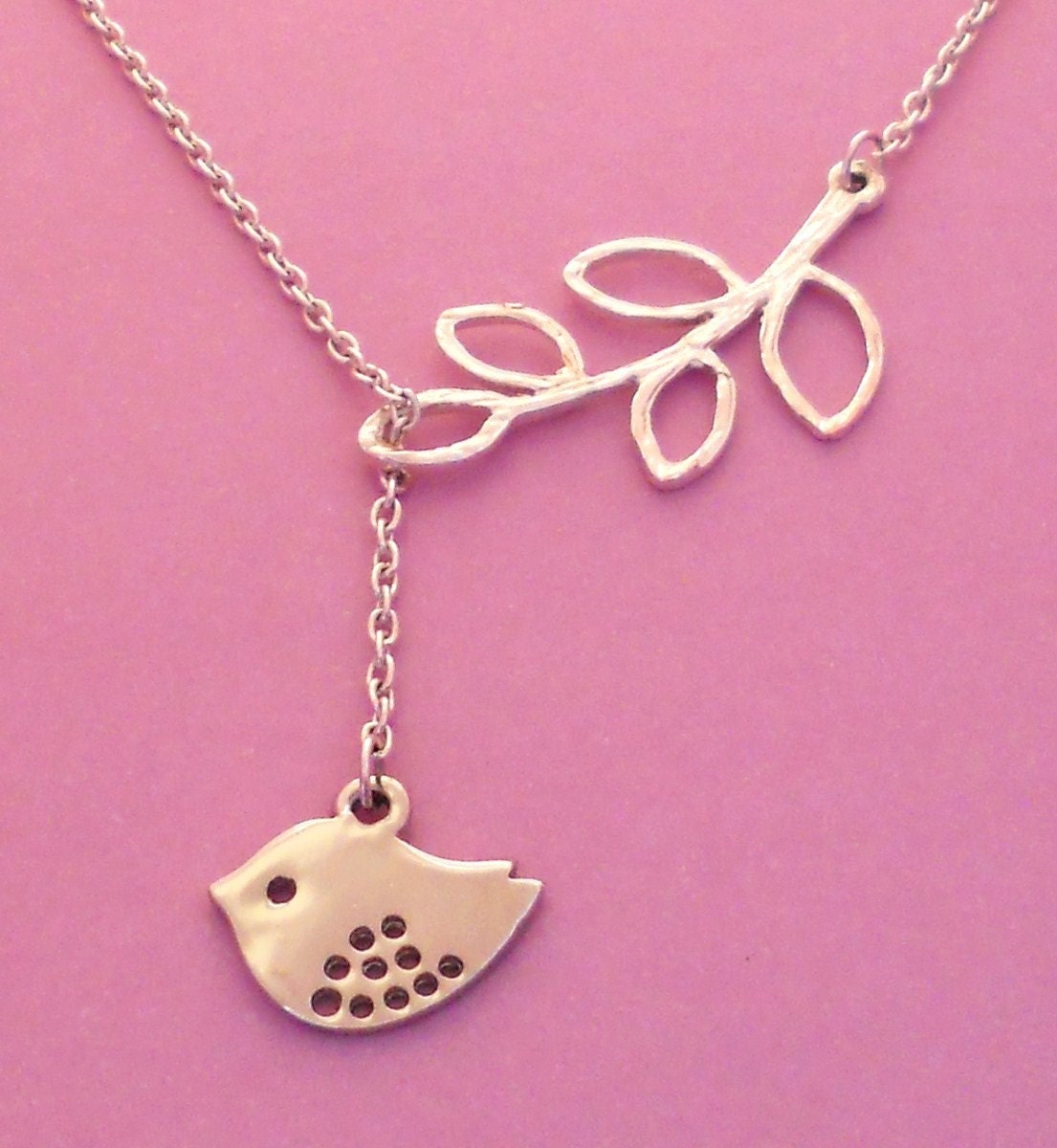 Silver Baby Bird With Branch Lariat Necklace, handmade jewelry