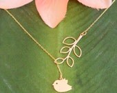 Gold Flying bird with branch lariat necklace, handmade jewelry