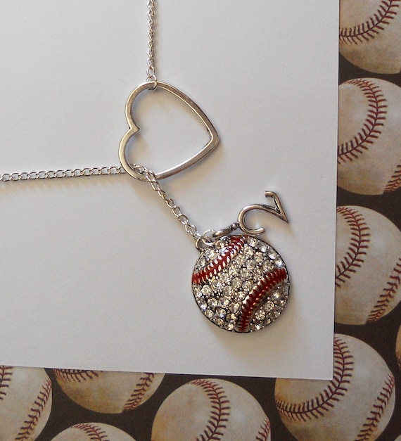 Baseball Lariat Necklace with Rhinestones, Heart and Number, handmade jewelry, pendant
