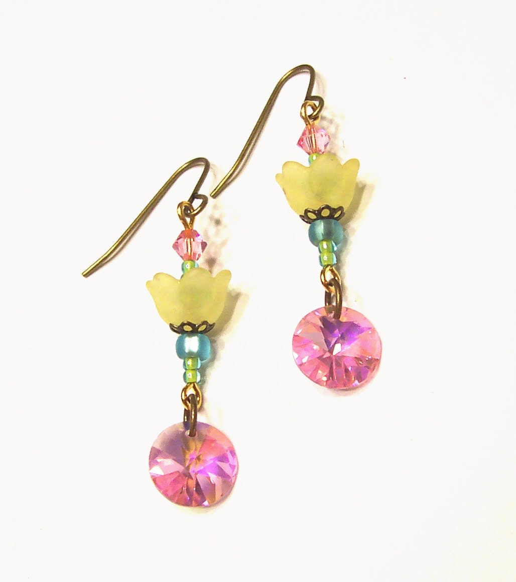 Beautiful Spring Garden Earrings with Pastel Yellow Flowers and Vintage Pink Crystals