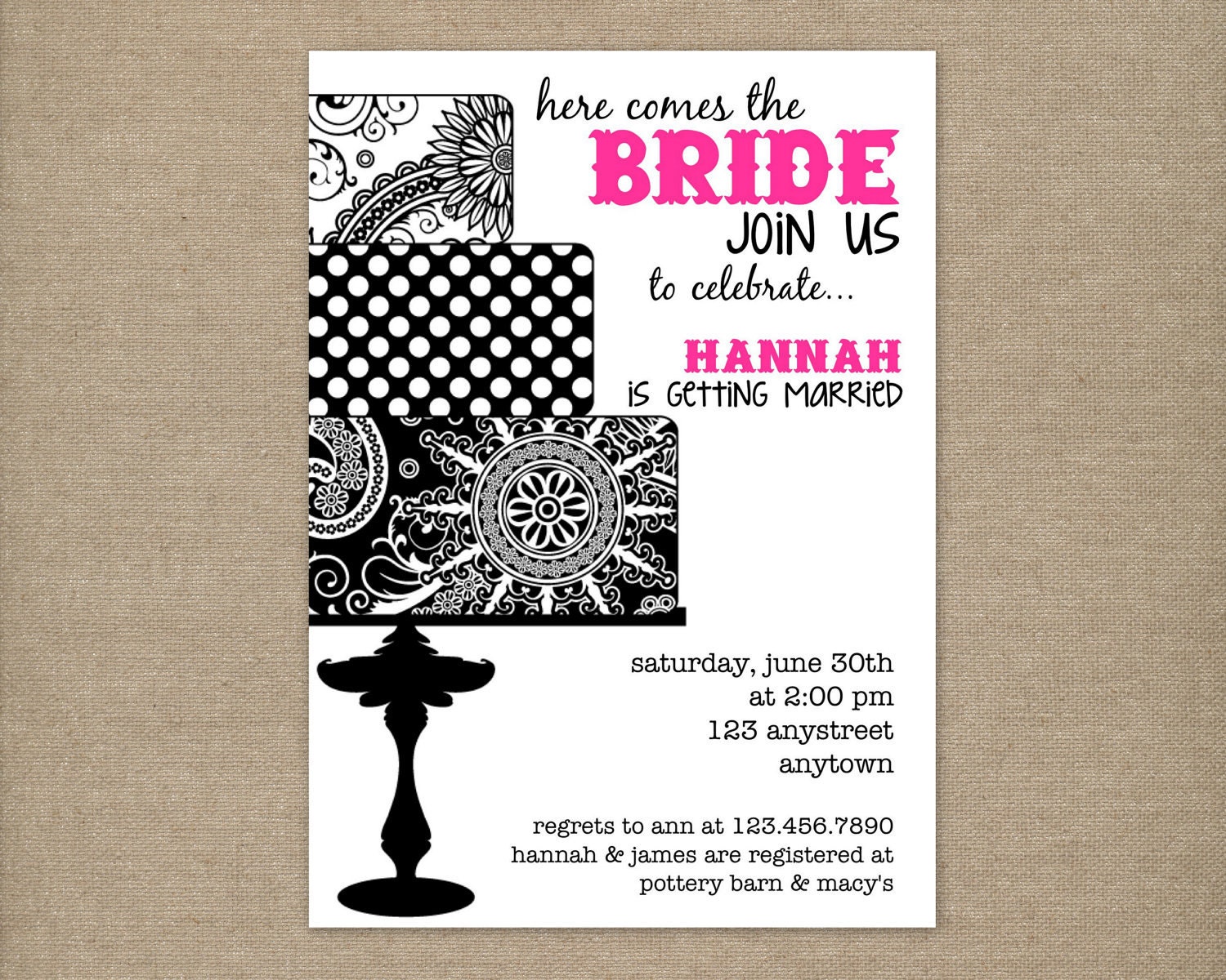 Printable Elegant Black and White Cake Bridal Shower Invitation
