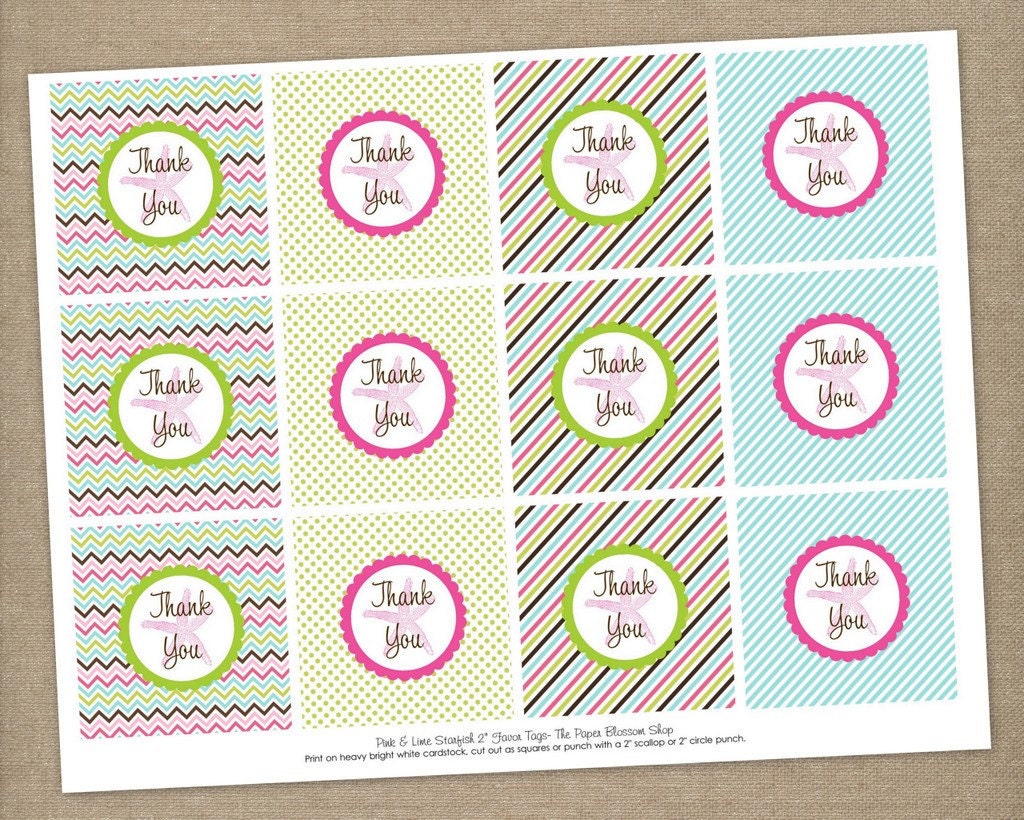 INSTANT DOWNLOAD - Printable Pink & Lime Green Chevron Under the Sea Birthday Party Favor Tags Il_170x135