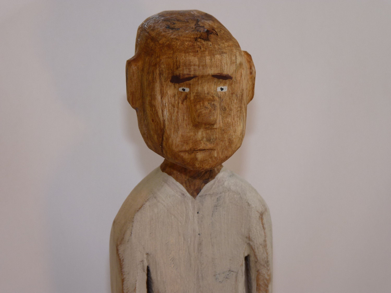 SlingBlade Karl Primitive Folk Art Style Wood Carving Simple Man , a Dude with White Shirt, Blue pants ,Rustic Cabin Look, Wormy Maple