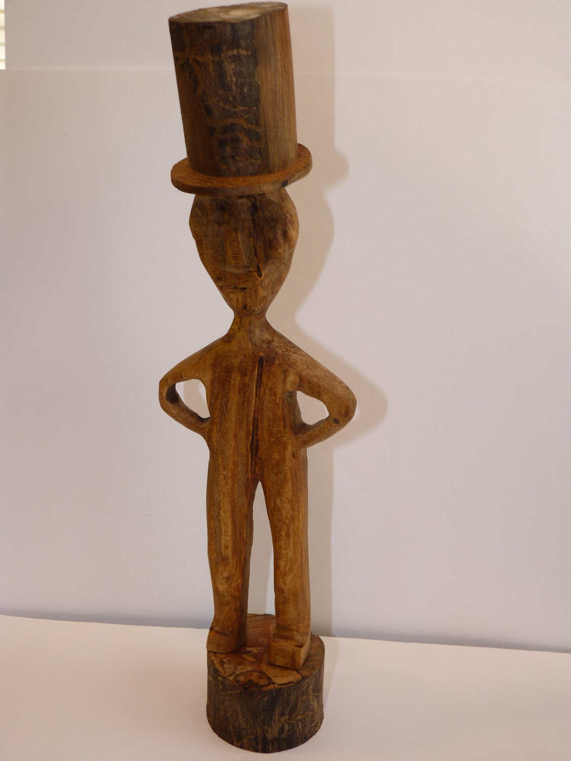 Wood Sculpture, Top Hat Man, Primitive Folk Art Wood Carving  ,Rustic Log Cabin Look, Wormy Maple