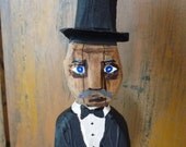 Wood Art Sculpture, Undertaker or Brides Dad, Crooked Politician, Folk Art Wood Carving Man with Top Hat