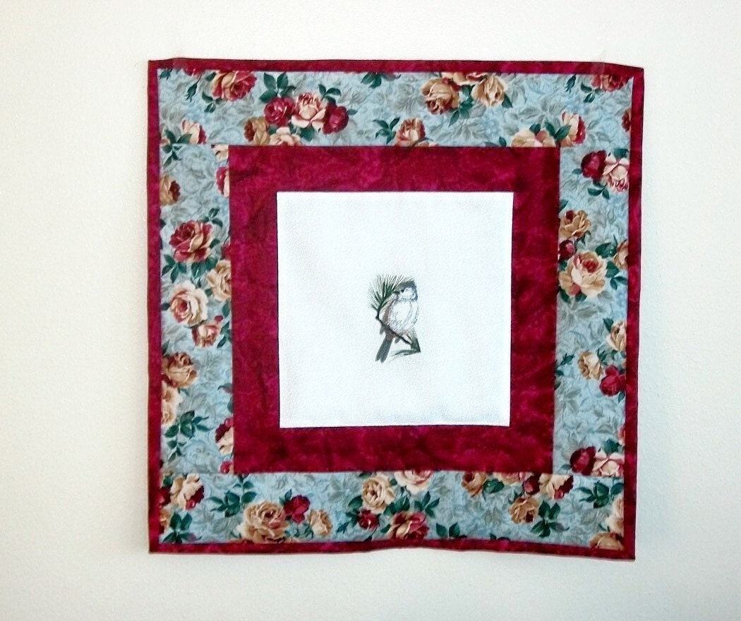 Wall Hanging Shabby Chic Quilt Machine Embroidered Bird Rose Design Mini