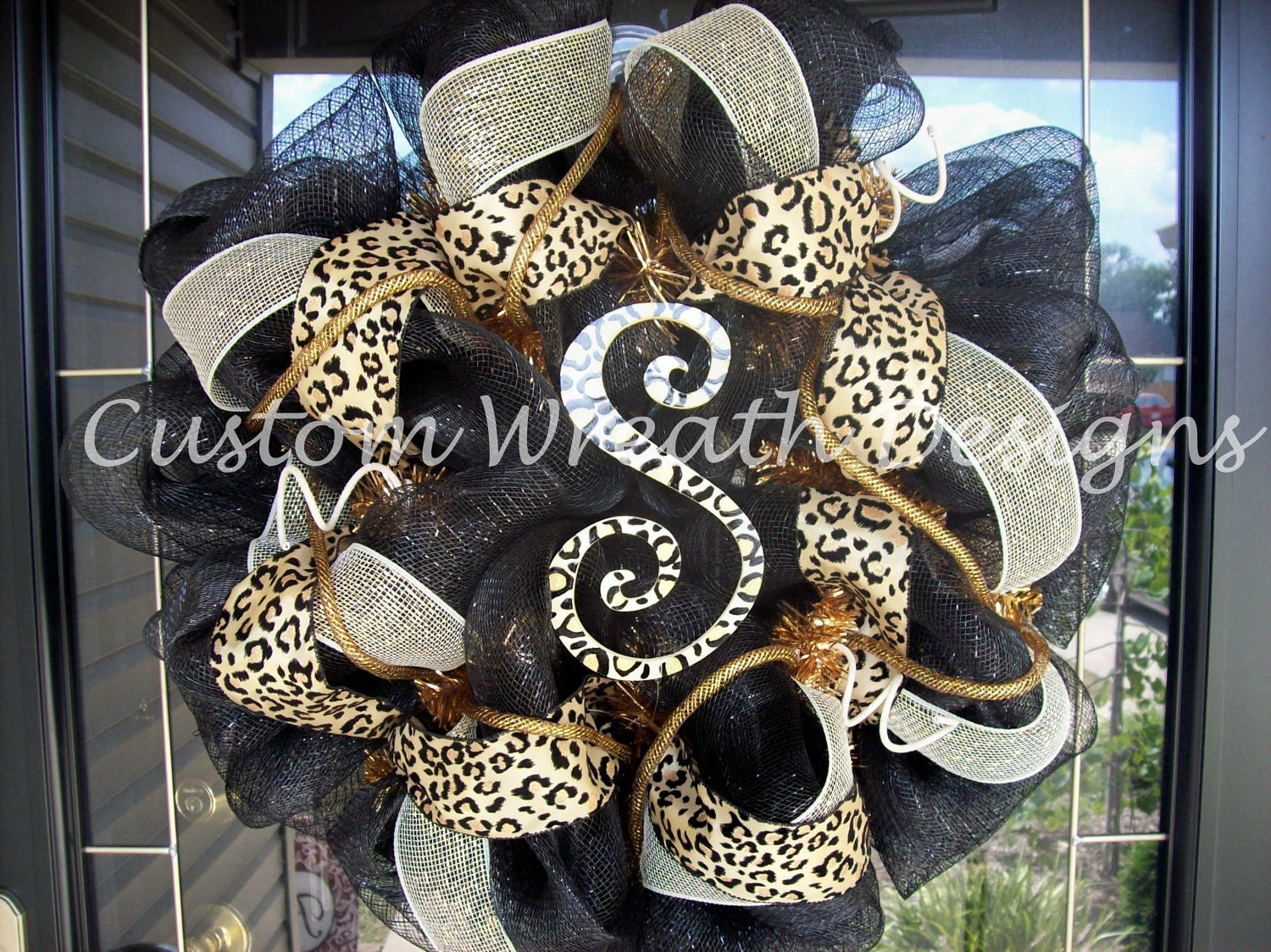 Black and Leopard Monogram Mesh Wreath