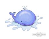 Nursery Room Wall Art Blue Whale, 8x10 Illustration Print