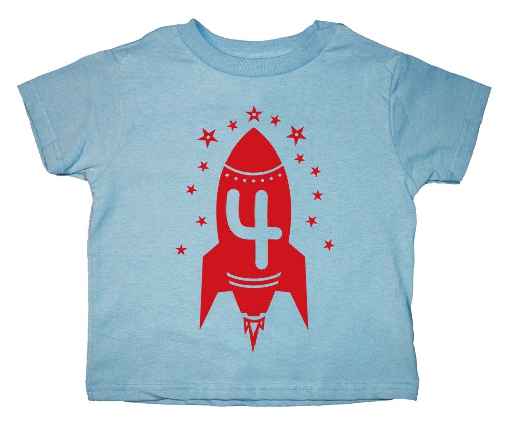 Fourth Birthday tshirt boys kids Happy 4th Party Red Rocket Art Print Short Sleeve 1st, 2nd, 3rd, 4th, 5th