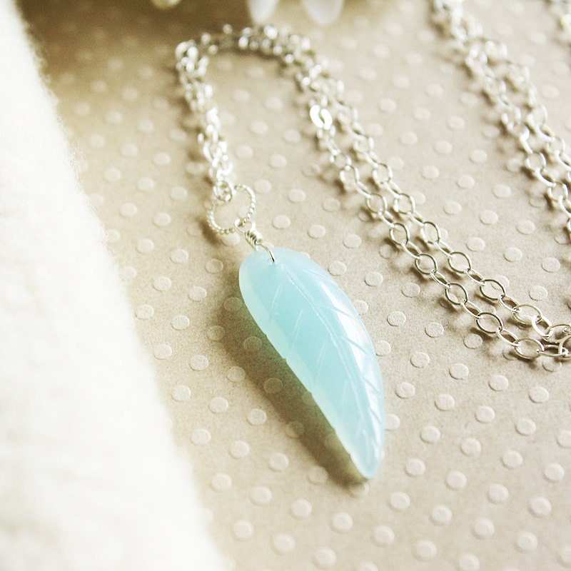 Feather Necklace - Baby Blue Gemstone & Sterling Silver 32 Inch Chain - Adjustable Length - Birthday / Easter / Anniversary Gift
