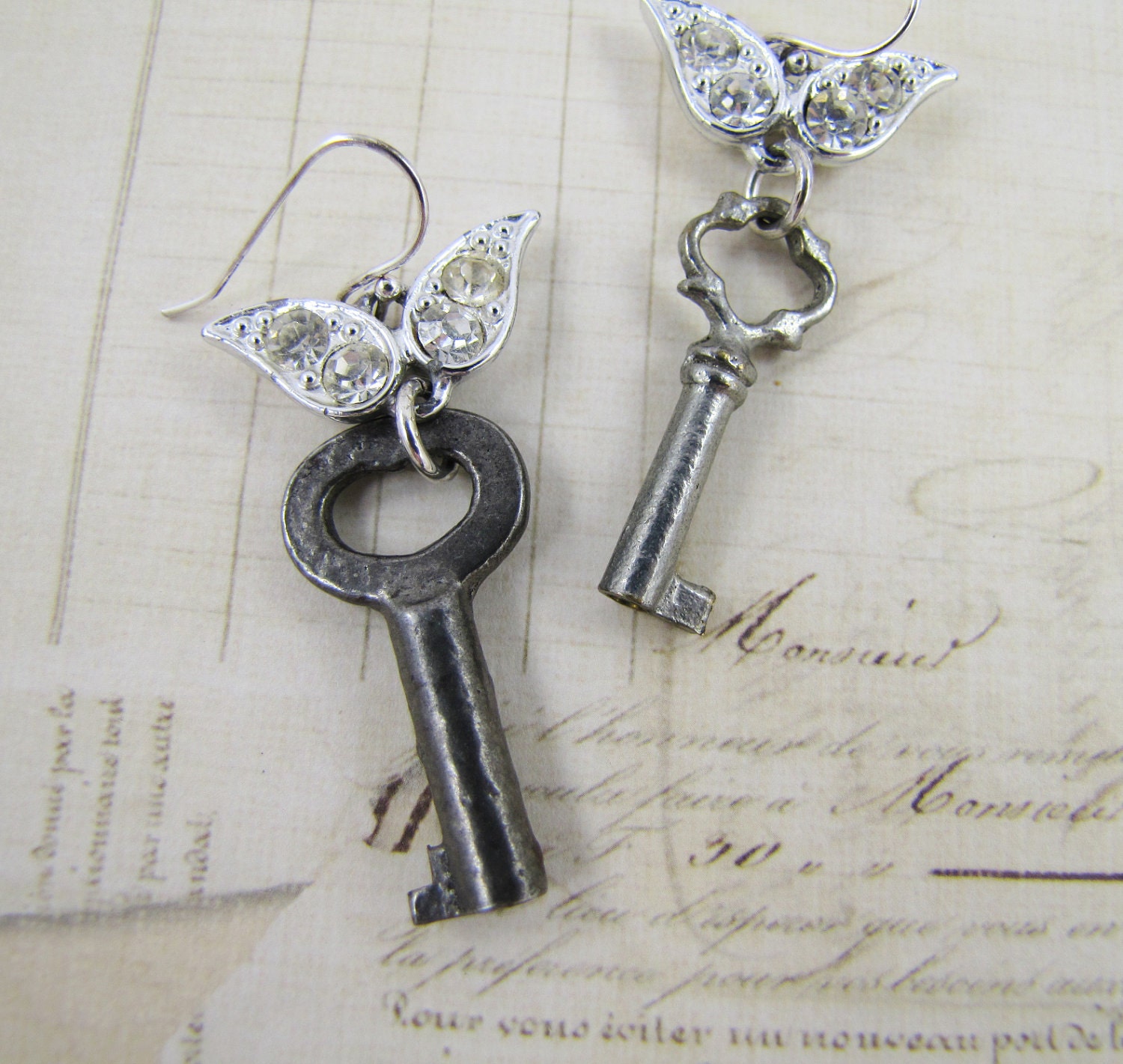 Reclaimed vintage earrings- Steampunk key and rhinestone earrings- Silver, Gray- One-of-a-Kind, Choose Sides