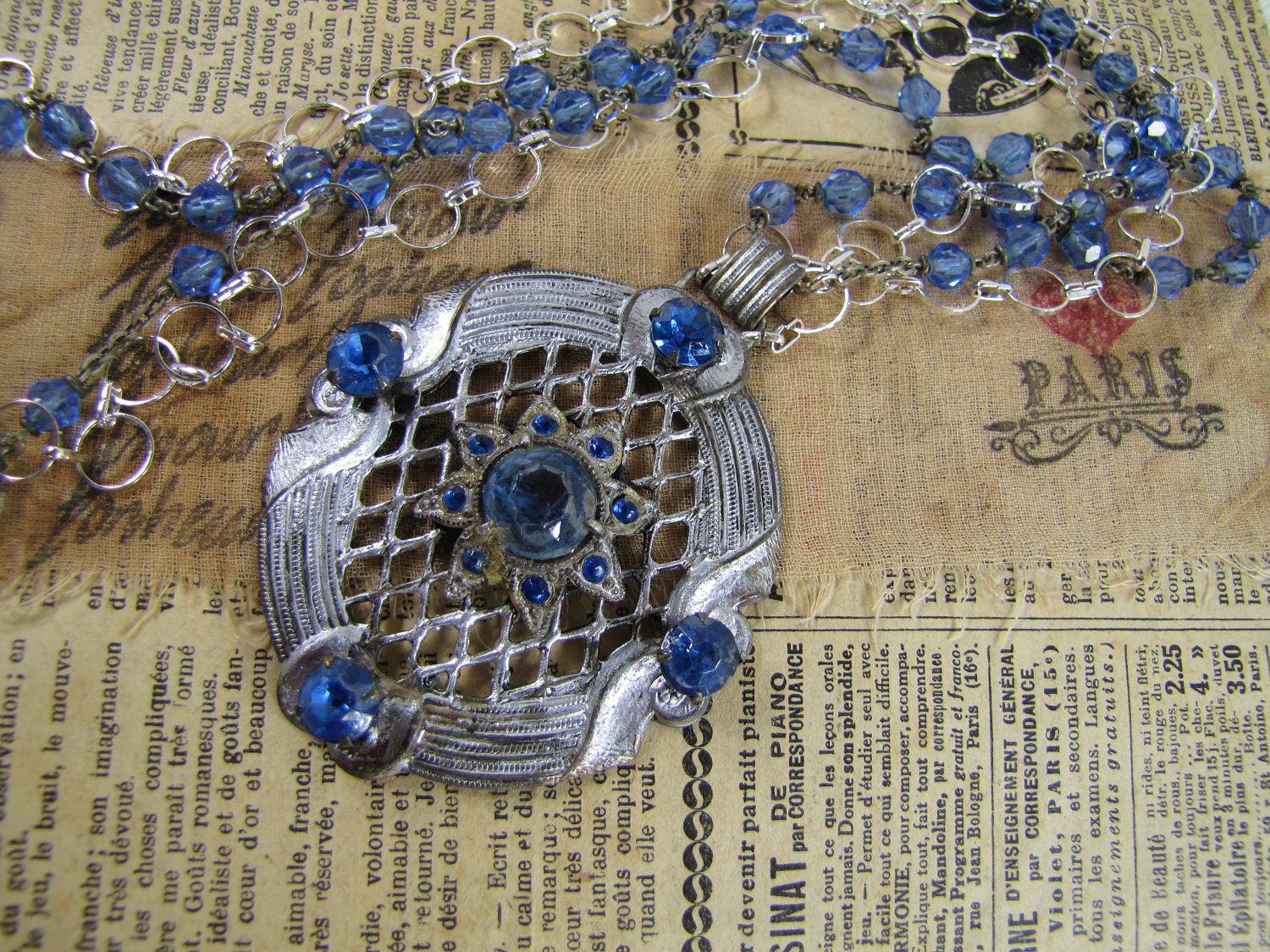 Joan of Arc- Vintage Upcycled Jewelry Pendant Necklace- Silver, Blue Rhinestone Medallion- One of a Kind