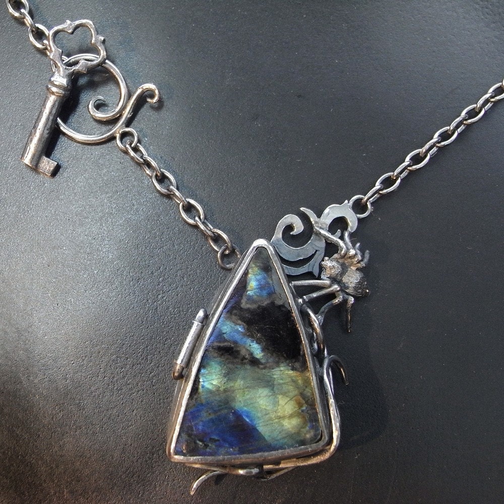 Creepy but cute sterling silver and specrolite spider locket keepsake key insect goth