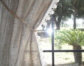 Burlap Curtain with Pom Fringe, 'The Country Panel with Pom Fringe', 38"W x 36"L by Jackie Dix