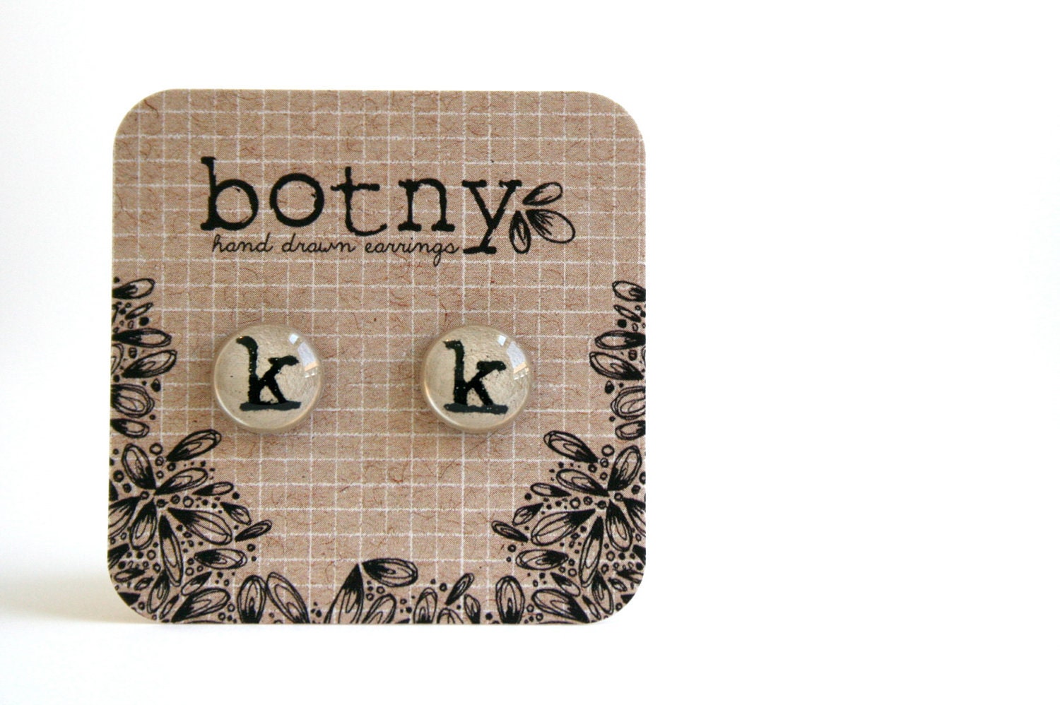Letter K Customizable Lacey Beige and Black Letter Monogram ABC Brook Earrings