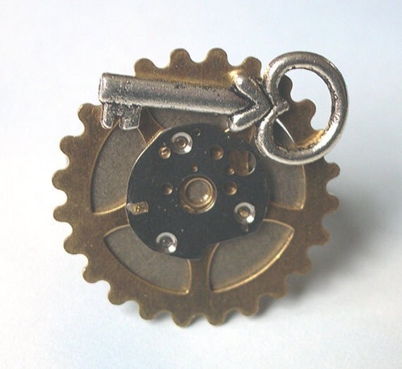 Steampunk Ring Jewelry, Steam Punk Ring Womens, statement, key ring, silver key, watch gears, gold, eco friendly, upcycled ring