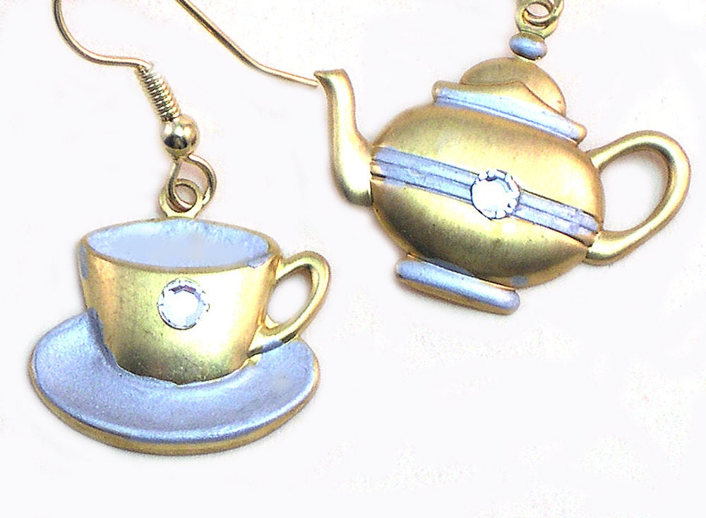 Dangle Tea Earrings, Teacup Upcycled Earrings, Charm Earrings, Tea cup, tea time, teapot, dangly, handmade
