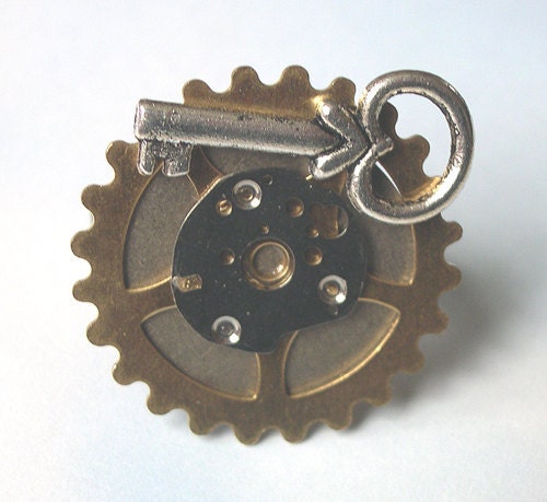 Steampunk Ring Jewelry, Steam Punk Ring Womens, statement, key ring, silver key, watch gears, gold, eco friendly, upcycled ring