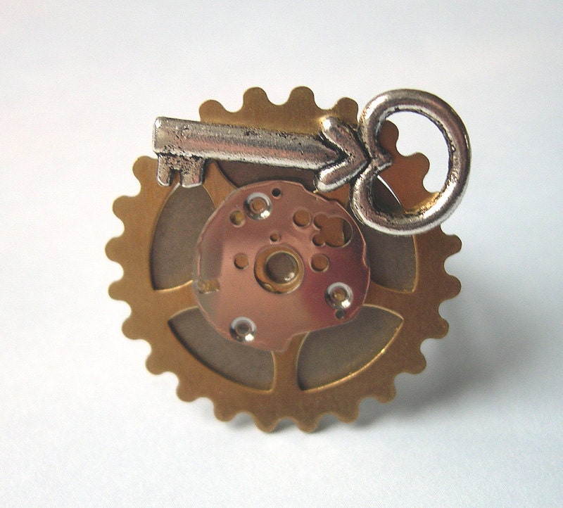 Steampunk Ring Jewelry, Steam Punk Ring Womens, statement, key ring, silver key, watch gears, gold, eco friendly, upcycled ring