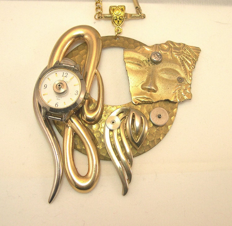 Mask Face Pendant, face necklace, mask pendant, gold, vintage jewelry, theatre, drama, upcycled, recycled, ooak, one of a kind