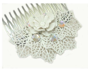 Upcycled White Hair Comb, white hair comb, made with vintage jewelry, eco friendly, wedding, bridal, prom, ooak hairclip