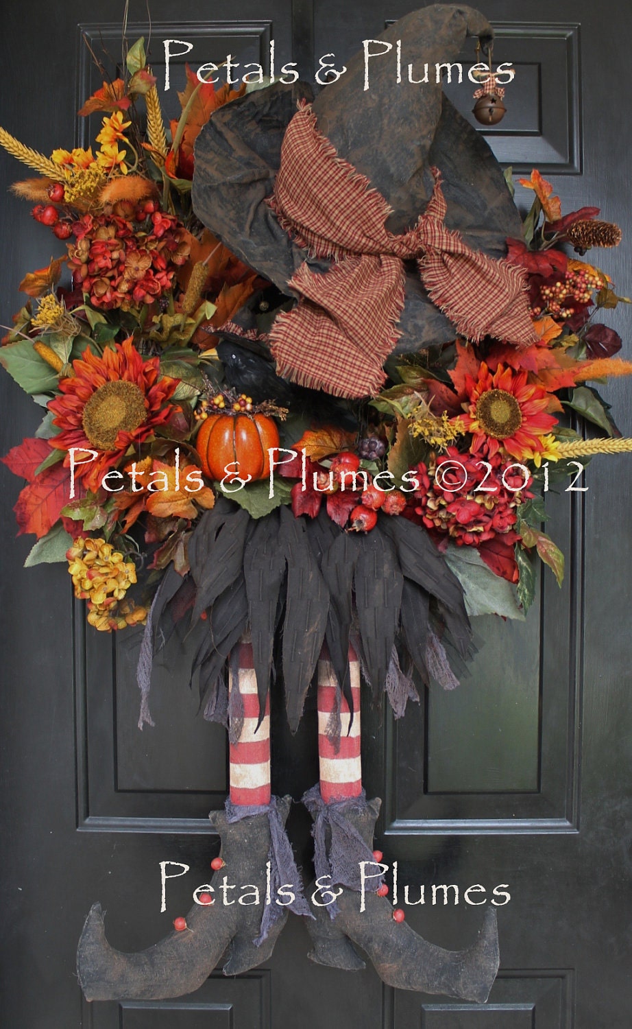 CUSTOM ORDER-Halloween Wreath-Fall Autumn Wreath- Primitive Prim Witch Hat n' Boots (New Version w/broom) Petals & Plumes Original Design