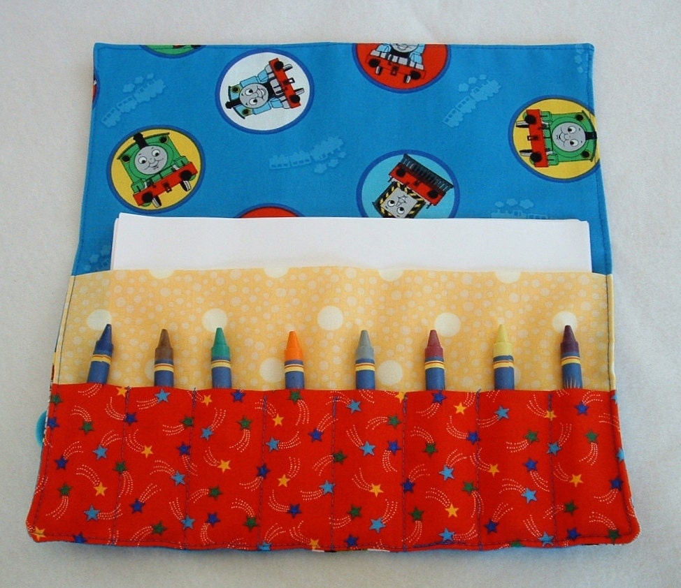 Thomas fabric Crayon roll crayon case crayon holder Thomas the train organizer extra pocket holds 16 crayons paper stickers