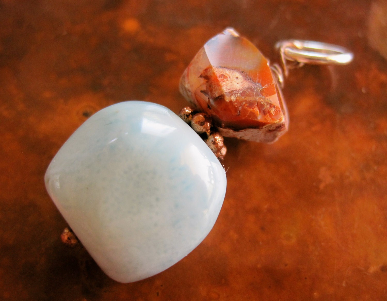 Larimar Mexican Fire Opal Pendant Glowing Fiery Natural Turtle Back Rippling Water Artisan Handcrafted Jewelry