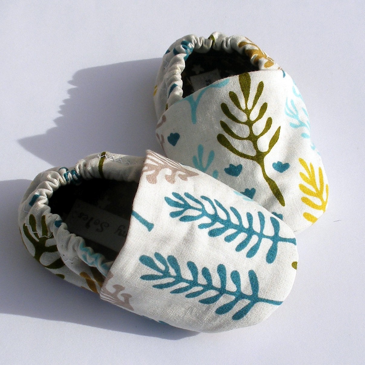 Organic Baby Shoes-- Nature Walk teal, moss and crimson leaves and trees on white 0 3 6 12 18 months baby booties- Baby Clothes