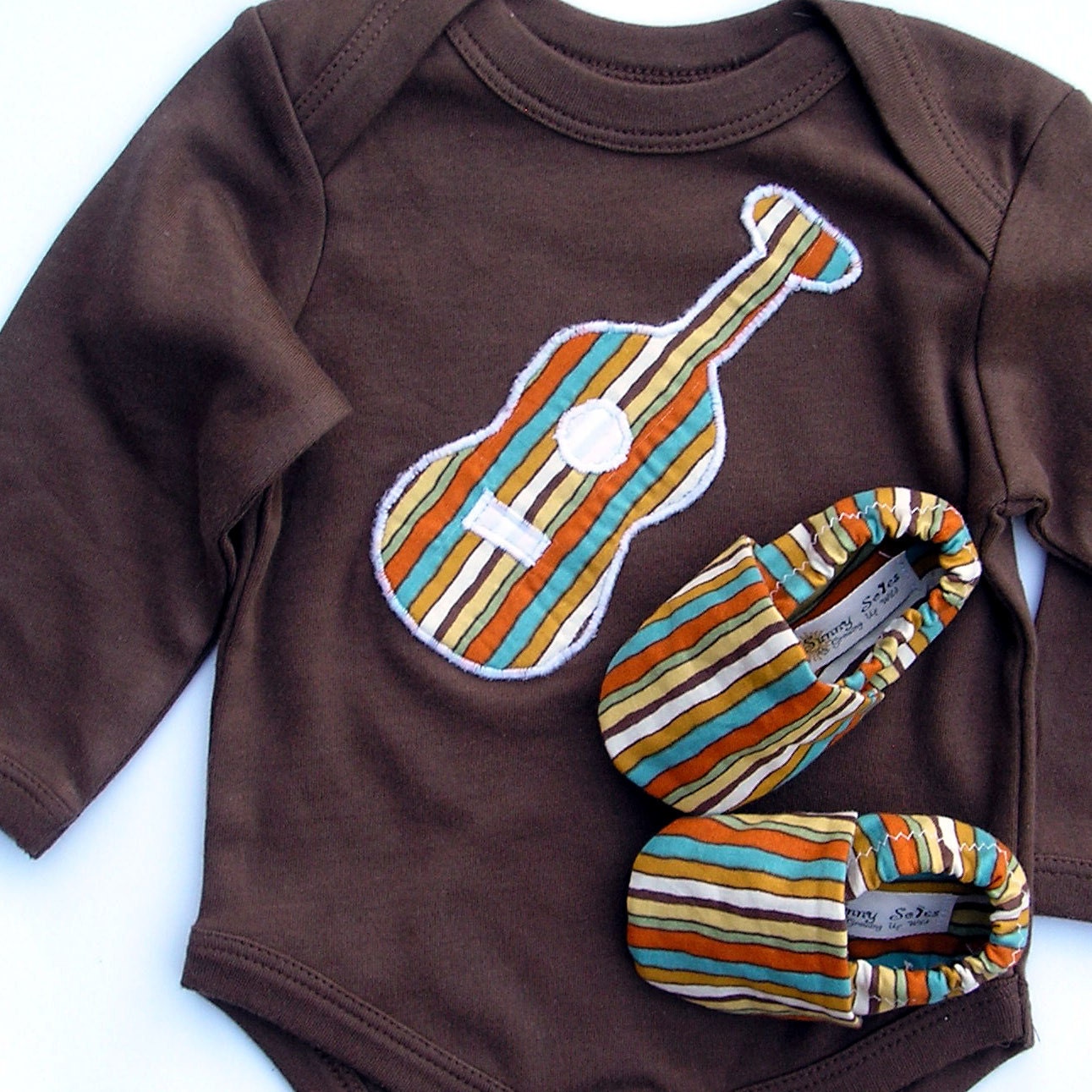 Organic Baby - SHORT sleeve Guitar Gift Set- 0 3 6 12 18 months Brown Bodysuit with Guitar and Organic Shoes in Stripes-- Baby Clothes
