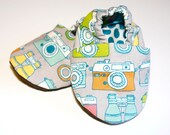 Camera and Binoculars Baby Shoes Organic Gray Captured Slippers-  Children's Clothing Booties 0 3 6 12 18 months-- Baby Clothes