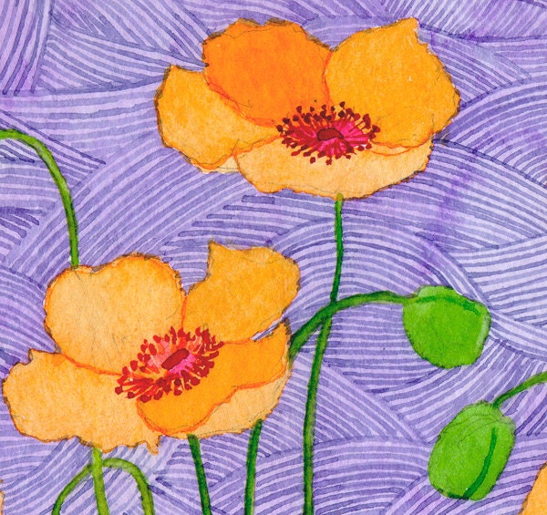 Limited edition print "Orange Poppies on purple sea" signed and numbered