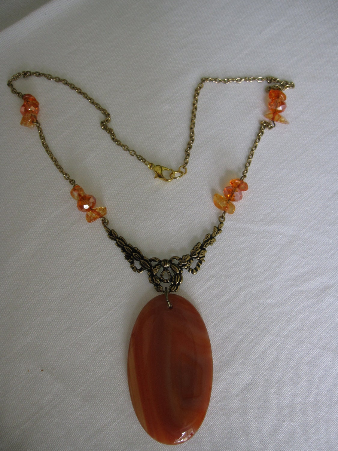 Orange Tangerine Citrus Pendant Necklace--Pretty Agate, Glass Chips, Antique Gold-Peach-Coral