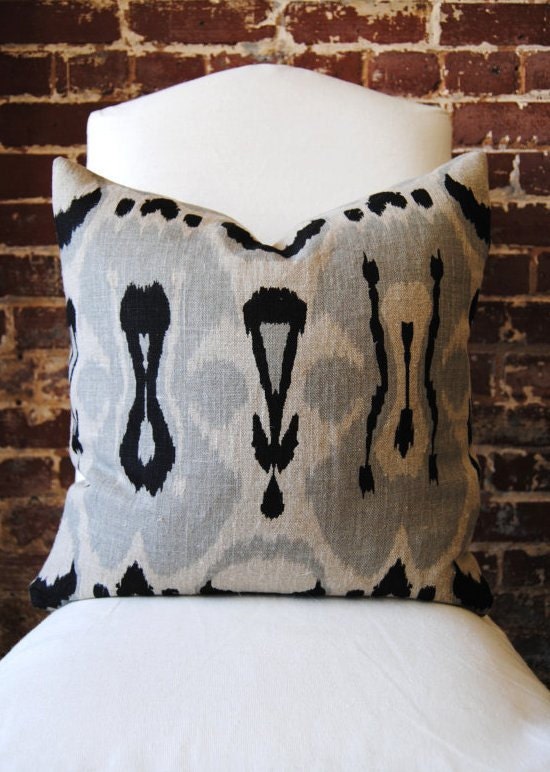 Ikat - Black and Grey Hand Print on Natural Linen - Pillow Cover - 20in square