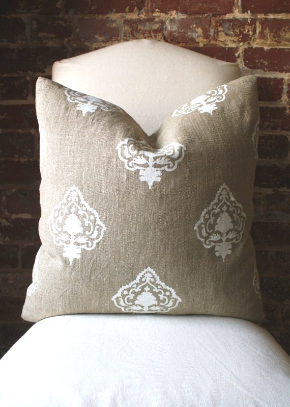 White Medallion - Hand printed in India on Natural Linen - Pillow Cover size 20"x20"