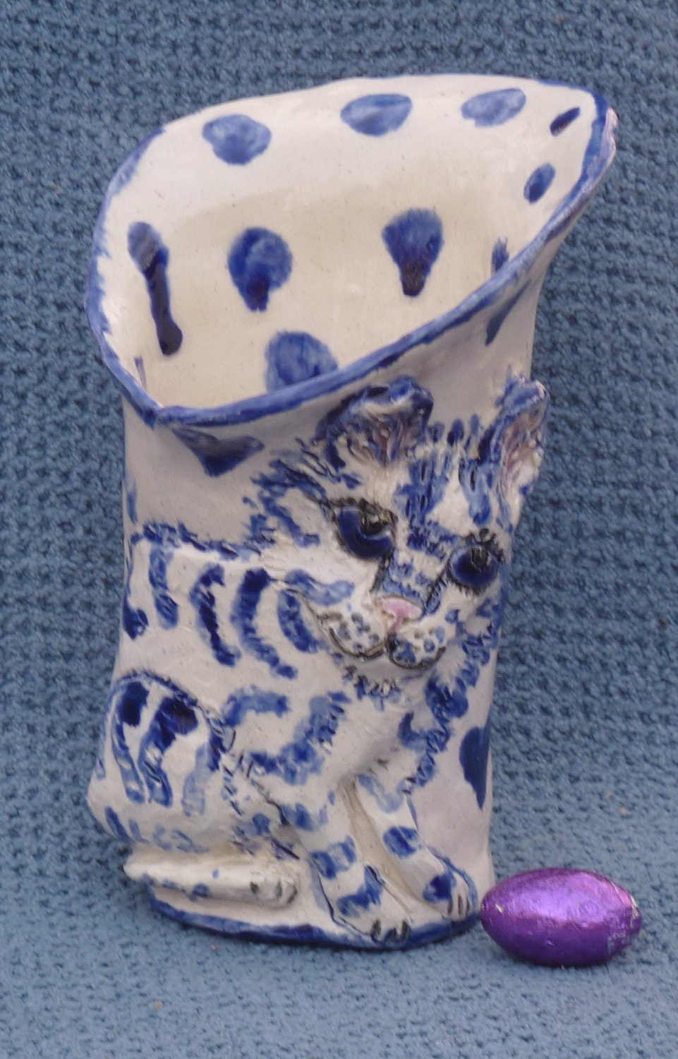 Cat Vase with hearts cobalt blue & white sweet vase Handmade in USA  10 % off. ooak