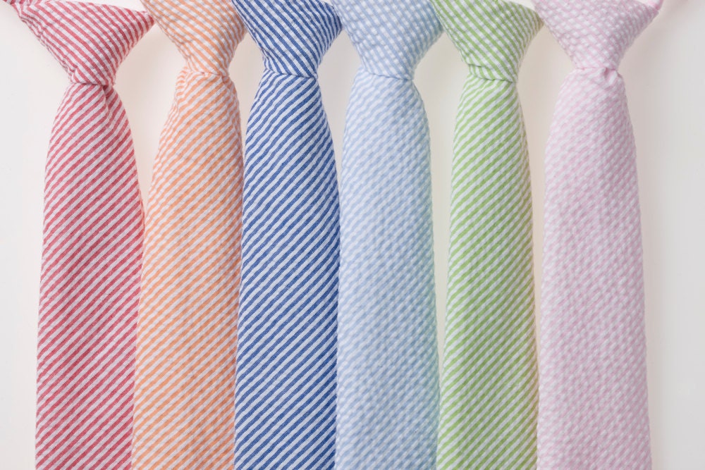 Boys Tie - Striped Seersucker - Red, Orange, Navy, Light Blue, Green, or Pink