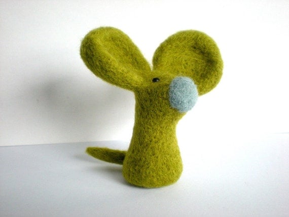 Green Felt Mouse - Needle Felted Light Olive Mouse Sculpture