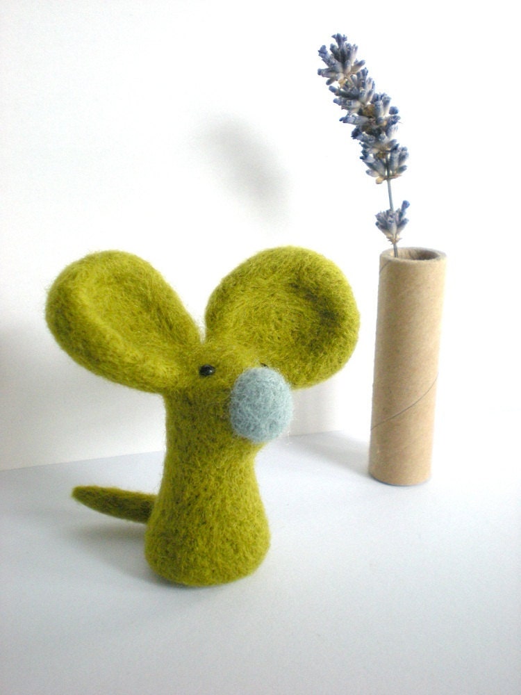 Green Felt Mouse - Needle Felted Light Olive Mouse Sculpture