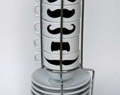 White Mustache Espresso Mugs and Saucers - set of 6 and a chrome holder