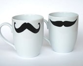Mustache Coffee Mugs - WHITE - set of Two - select from eight different styles