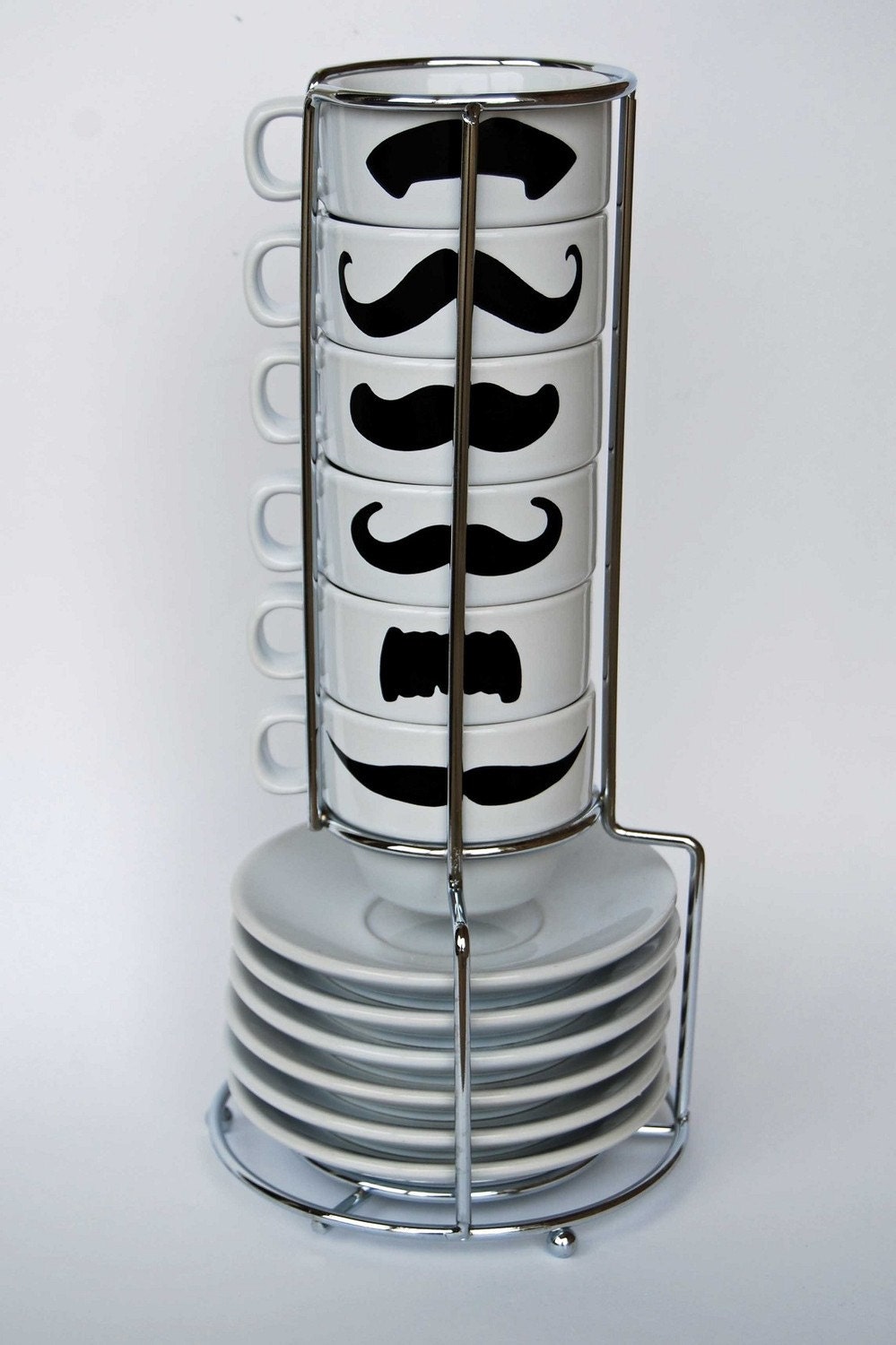 White Mustache Espresso Mugs and Saucers - set of 6 and a chrome holder