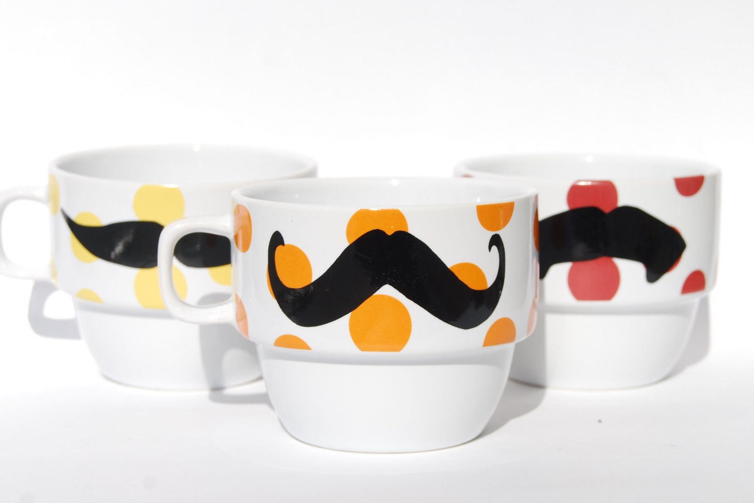 LAST ONE - Multi Color Polka Dot Mustache Coffee Mugs - set of 6 stackable mugs and chrome holder