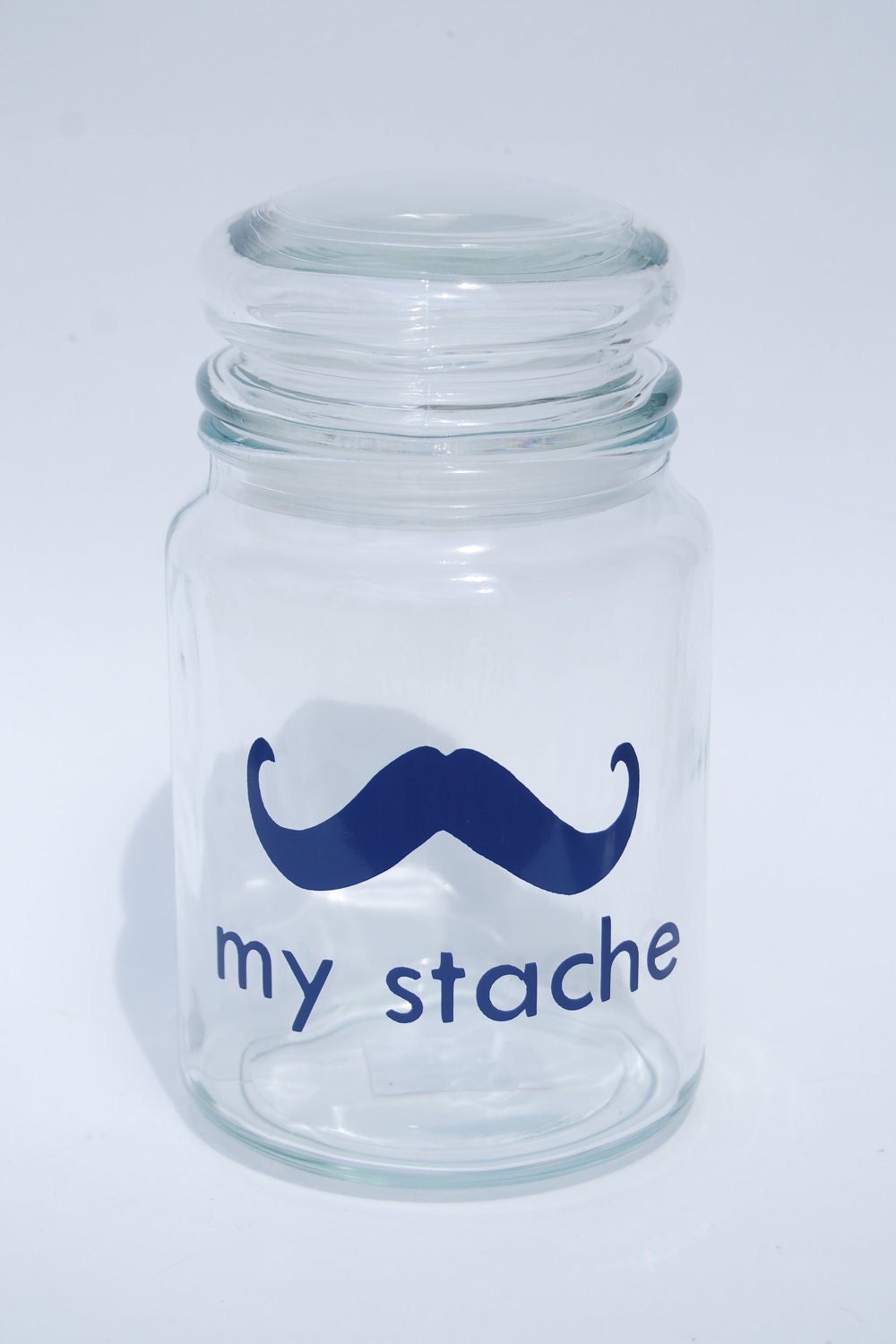 My Stache large jar.... the Gentleman Mustache Glass Jar...a perfect place for your 'STACHE'....THREE color options
