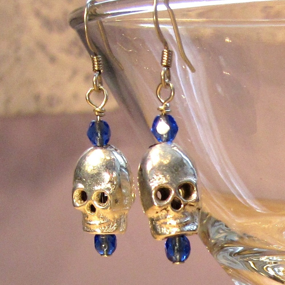 Silver Skull Earrings with blue beads