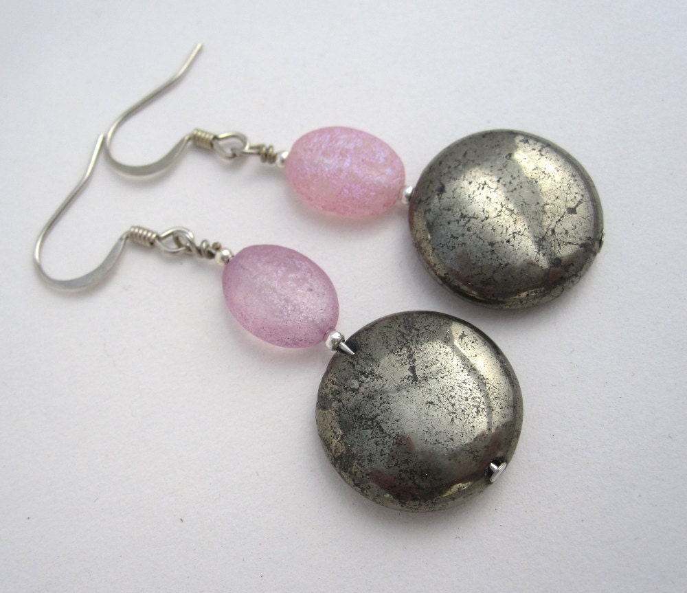 Iron pyrite and pink crackled glass earrings