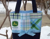 Diaper Bag Handcrafted with John Deere Blue and Green Plaid Patchwork Fabric - Made to Order - Personalization included