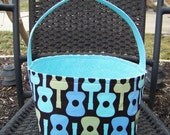 Groovy Guitars in Aqua, Light Blue and Light Green on Dark Brown Background Fabric Easter Basket - Made to Order - Personalization Included