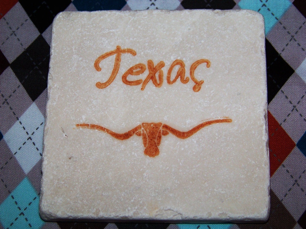 Texas Longhorn - Hand Stamped Travertine Tile Coasters - Set of 4 - Great Father's Day Gift